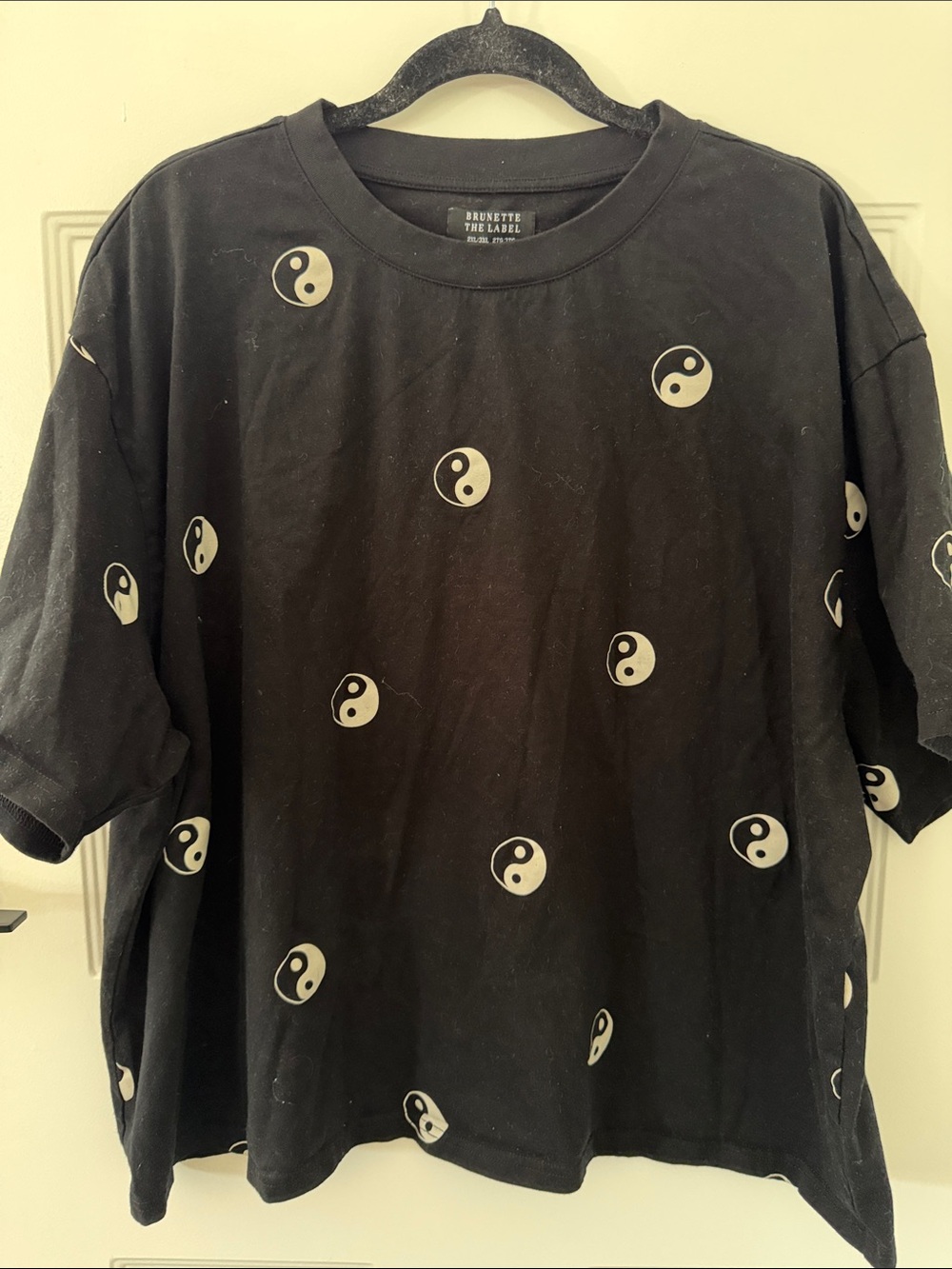 Brunette The Label Black Tee with White Yin Yang Motifs